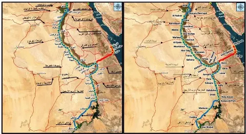 خريطة توضح مسار الربط السككي والنقل بين مصر والسودان من أسوان وأبو سمبل إلى وادي حلفا وأبو حمد