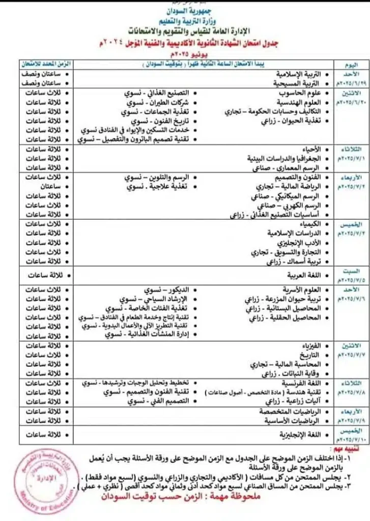 التربية والتعليم تعلن جدول امتحانات الشهادة السودانية... 1 FB IMG 1750282112741.jpg 727x1024 1