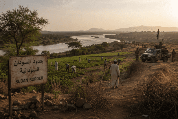 ماذا تريد إثيوبيا من السودان حدود الفشقة بين السودان وإثيوبيا، تظهر الأراضي الزراعية والمزارعين، مع خلفية لنهر النيل الأزرق، تعكس النزاع الحدودي وأهمية المياه