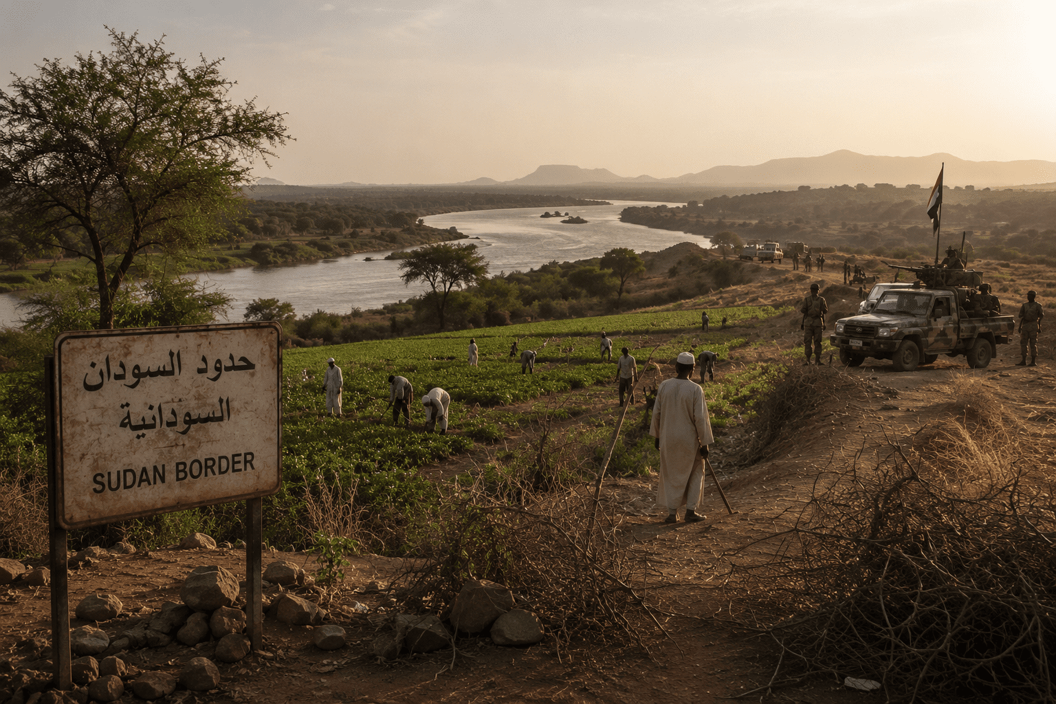 ماذا تريد إثيوبيا من السودان حدود الفشقة بين السودان وإثيوبيا، تظهر الأراضي الزراعية والمزارعين، مع خلفية لنهر النيل الأزرق، تعكس النزاع الحدودي وأهمية المياه